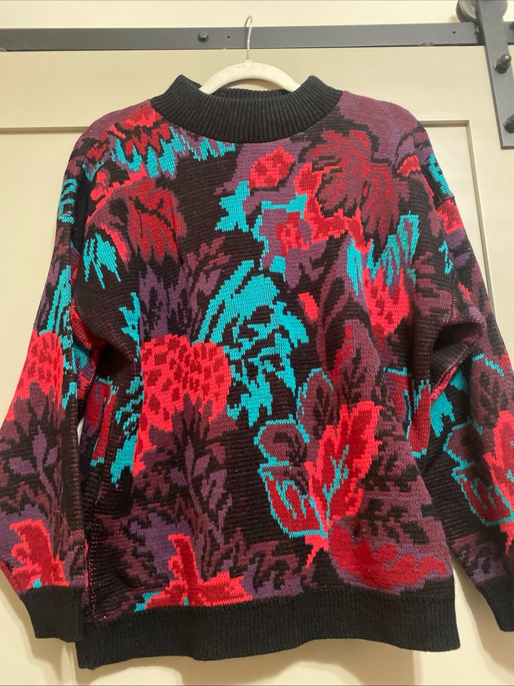 Vintage 80’s Bold Floral Crewneck Sweater in Black with Red & Teal Accents